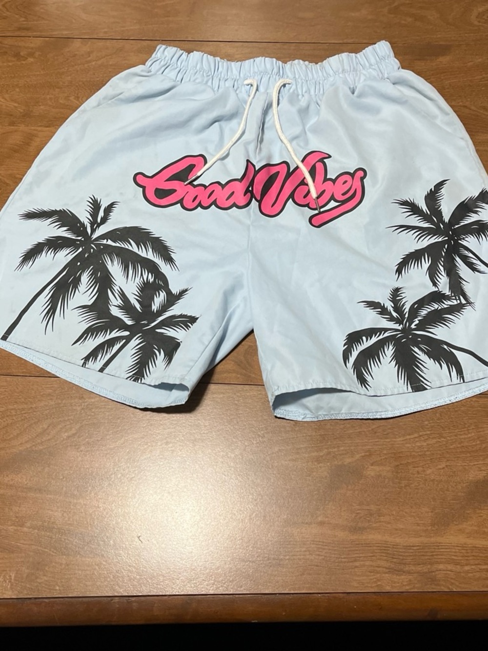 ROMWE Light Blue Palm Print Shorts with Pink "Good Vibes" Script